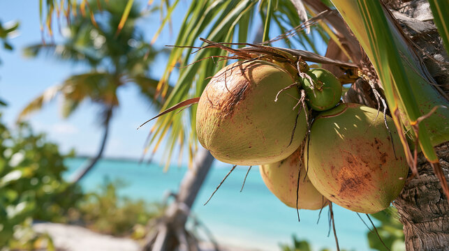 Fresh Green Coconuts Hanging from Palm Tree on Tropical Beach Island Paradise Ocean Sea