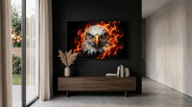 Majestic eagle fire art on black wall in modern living room