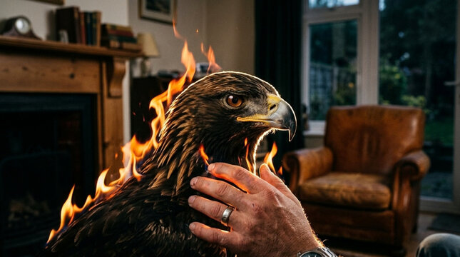 Person hands touching a golden eagle with feathers on fire