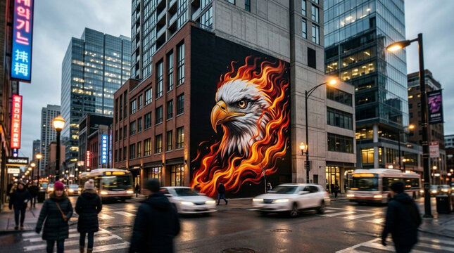 Eagle head fire mural on city building wall with street traffic