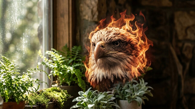 Majestic eagle head engulfed in flames near indoor plants