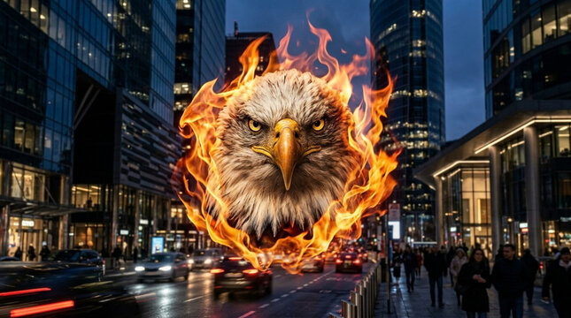 Majestic flaming eagle head floating over a busy night city street