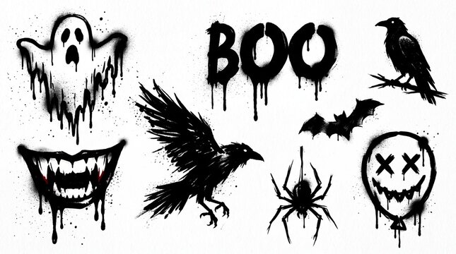 Black and white halloween graffiti icons set on a white background