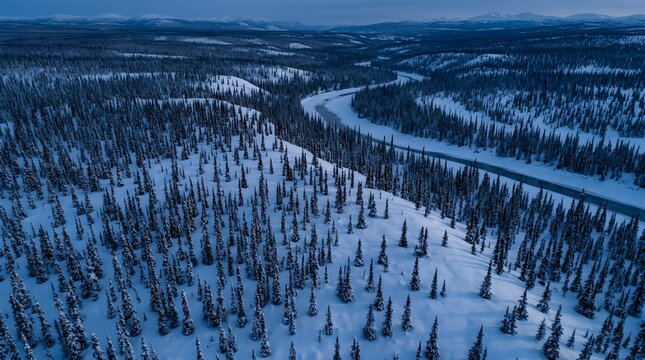 Snow-covered Forest Landscape with winding trail in winter