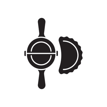 Black silhouette vector icon of a dumpling press maker and filled pastry