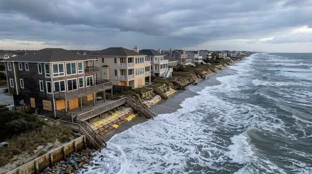 Coastal Ocean Waves Crushing Against Rock Pier Amid Stormy Sky