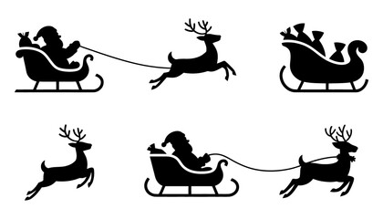 Black silhouette of santa claus in a sleigh pulled by reindeer with gifts on a white background © MOHAMMADTORIQUL