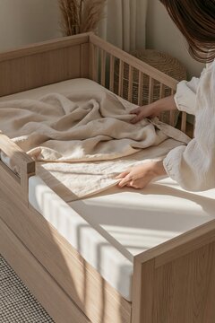 Woman arranging a linen sheet in a light wood crib in a warm nursery interior