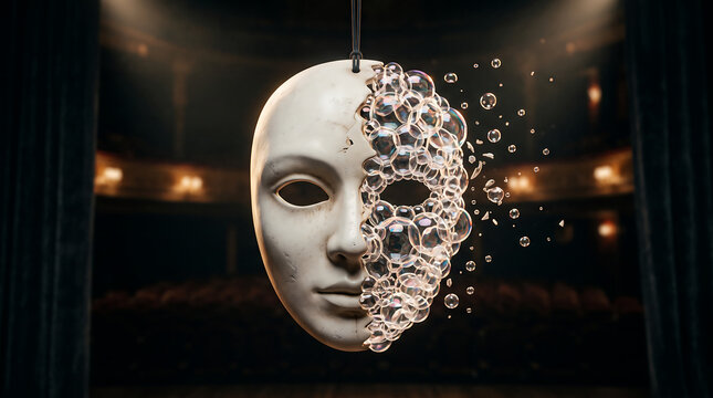 White theatrical mask dissolving into ethereal bubbles on a dark stage, conveying themes of identity, illusion, and impermanence.