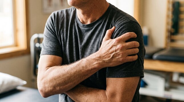 Close Up of Man Holding Painful Shoulder Suffering from Rotator Cuff Injury