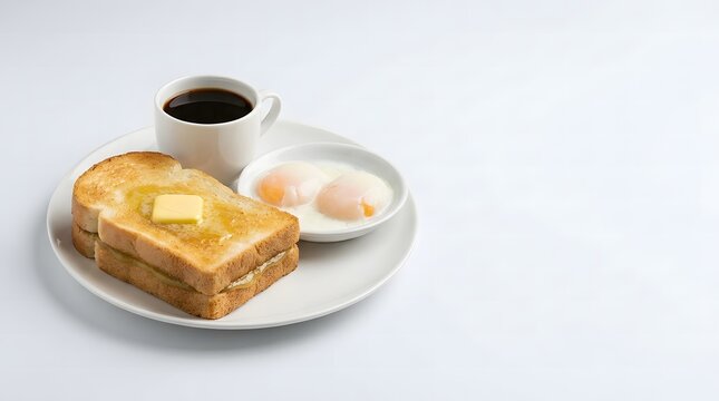 Kaya toast with butter, soft-boiled eggs and black coffee on a white plate against a white background.
