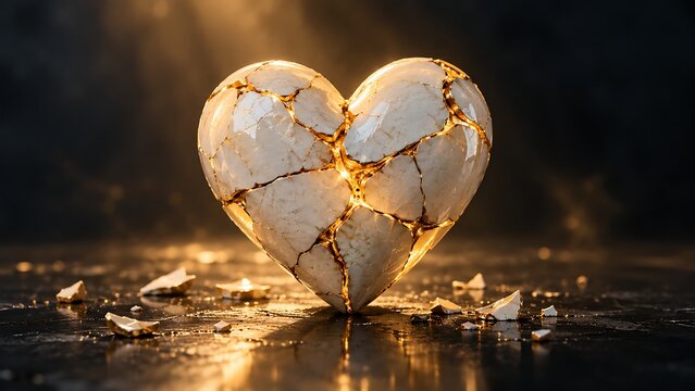 Abstract of two halves of a broken ceramic heart joined with glowing gold seams, symbolizing forgiveness