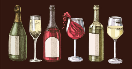 Naklejka premium Wine bottles and glasses vector sketch