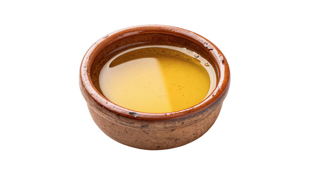 Small rustic round clay bowl filled with fresh sweet honey isolated on transparent background