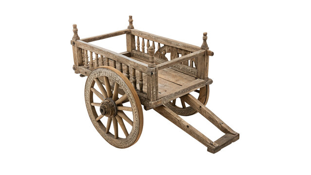 Traditional manual miniature wooden cart wagon toy model agriculture transport isolated on transparent background