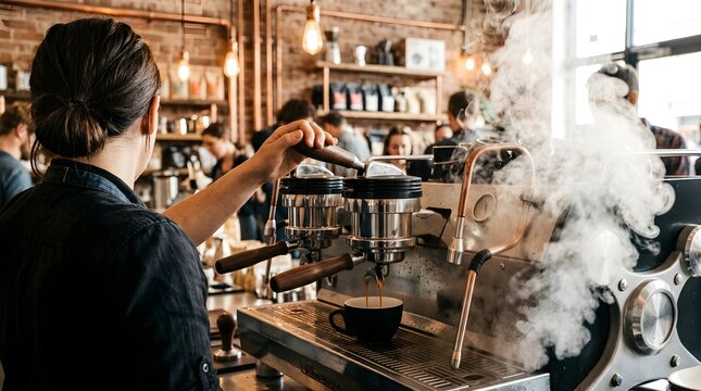 Barista Preparing Coffee in Modern Caf&eacute; with Steam and Focus