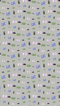 Seamless pattern of stylized buildings and objects