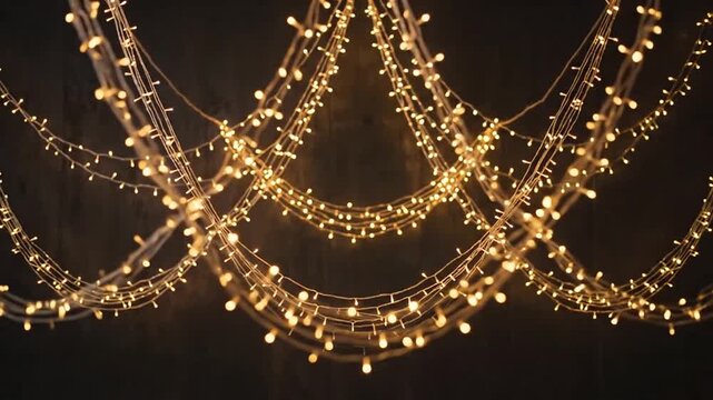 Warm glowing string lights draped in curves against dark rustic wall