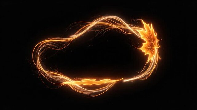 Glowing autumn leaves orbiting with light trails on black background