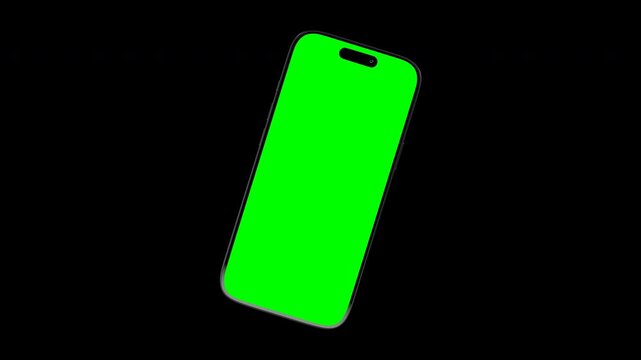 Top down view of a black smartphone lying flat with green screen, camera rotating and descending, 3D flat lay mockup animation