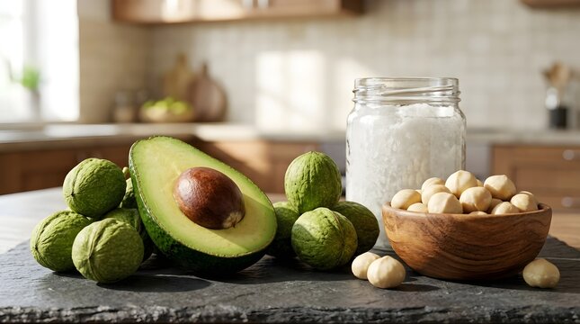 Fresh Avocado and Walnuts with Sugar in a Rustic Kitchen Setting