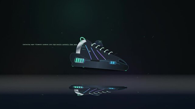 Futuristic 3D animation of streetwear metamorphosis, featuring holographic transformations of a high-tech sneaker, a waterproof jacket, a tactical backpack, and a magnetic hoverboard