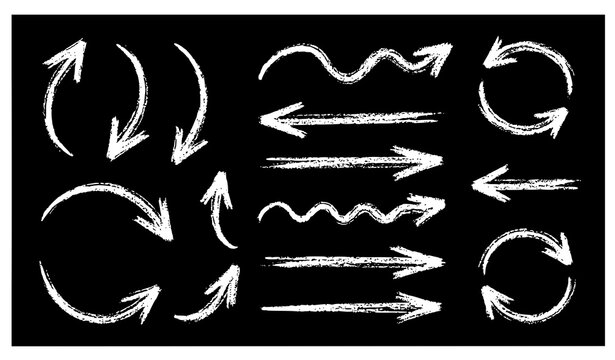 Collection of white hand drawn chalk arrows on a black background with curved arrows straight arrows set design element arrows pack directional sketched chalkboard illustration