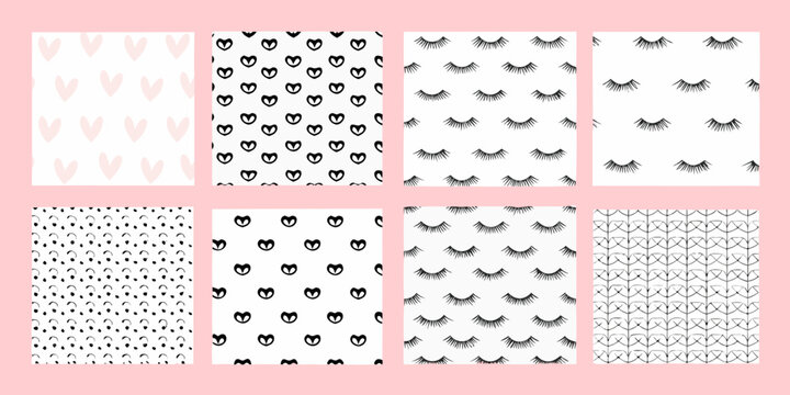 Eyelash and heart patterns showcase a repeating tile arrangement