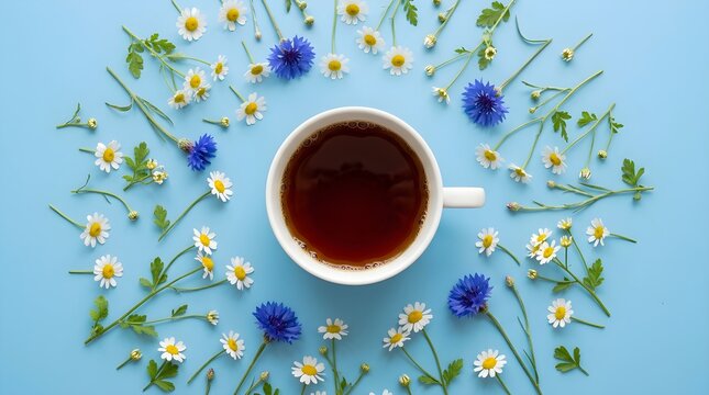Refreshing Herbal Tea with Blue Cornflowers and Daisies