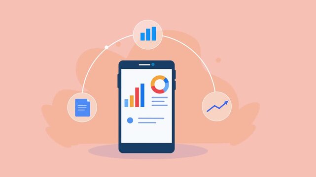 Flat vector animation showing a smartphone with business charts connected to analytics, reporting, and trend icons for mobile data analysis and performance tracking.