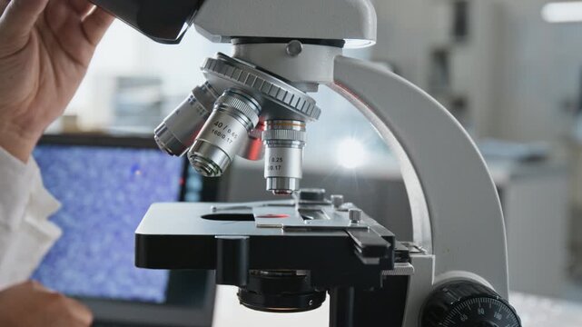 Unrecognizable scientist pipetting liquid blood sample onto slide and adjusting optical microscope in laboratory. Footage suitable for pharmaceutical research and biotechnology video projects