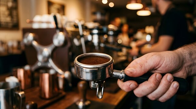 Barista Brewing Coffee Espresso with Portafilter in Coffee Shop