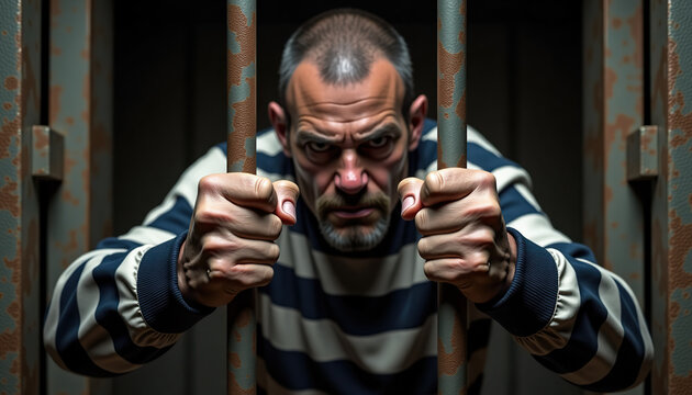 Angry man in prison uniform gripping bars with intensity in a dimly lit cell