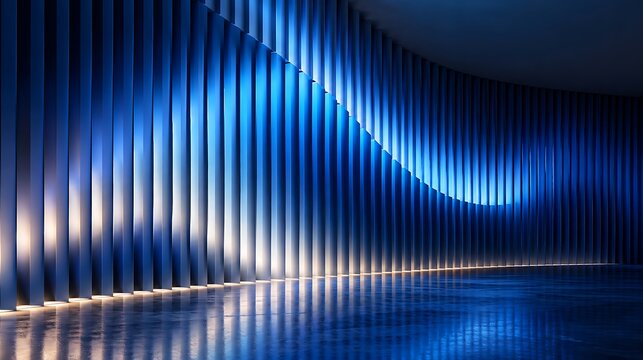 Futuristic blue architecture background, modern curved interior wall, glowing neon light hall background