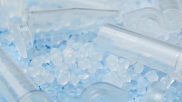 Extreme close up shows microtubes and polymer granules rotating for medical plastic production.