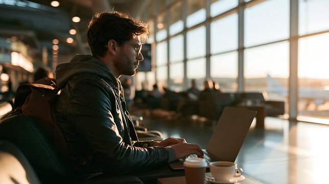 Man using laptop in airport terminal during sunset light