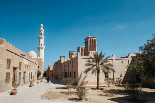 Old Dubai Heritage Village Street with Middle Eastern Architecture under Clear Blue Sky