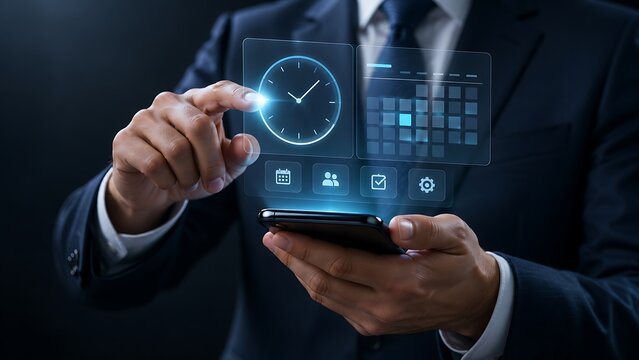 digital time management concept, businessman using holographic clock and calendar interface, smart scheduling technology for corporate efficiency