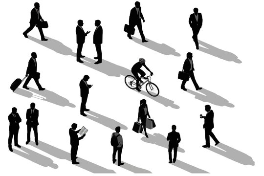 Business people silhouettes walking and standing in aerial top view | corporate crowd with long diagonal shadows | isometric vector illustration set