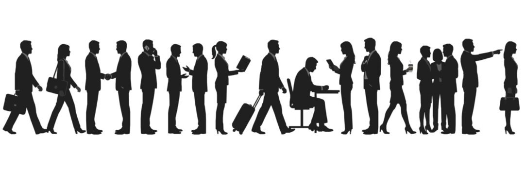 Business people silhouettes in suits walking shaking hands and meeting | corporate crowd for architectural scale and presentations | flat vector icon set
