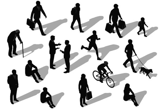 Diverse people silhouettes in isometric view walking shopping and cycling | urban crowd with shadows for architecture | flat vector icon set
