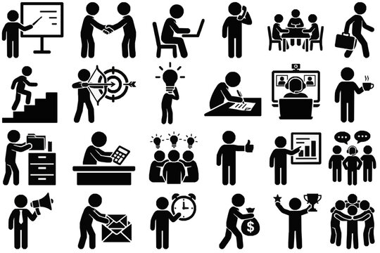 Stick figure business icons presenting meeting and working | office people pictogram symbols for infographic design | black vector silhouette set