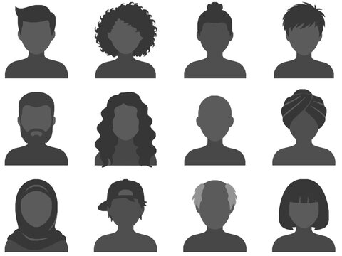 Set of twelve monochrome avatar placeholders in a grid layout | diverse people profile silhouettes for social media and web | flat vector icons