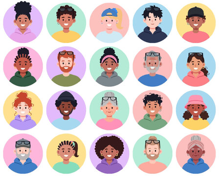 Diverse casual people avatars collection with smiling characters | flat vector illustration pack for profiles and social media