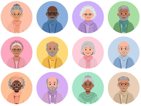 Senior citizens avatar icon set | elderly men and women portraits in colorful circles | flat vector illustration