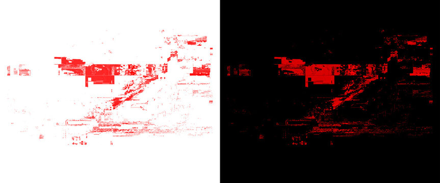 Distressed red glitch texture on white and black backgrounds, abstract digital noise overlay with pixelated grunge elements, weathered red stamp effect