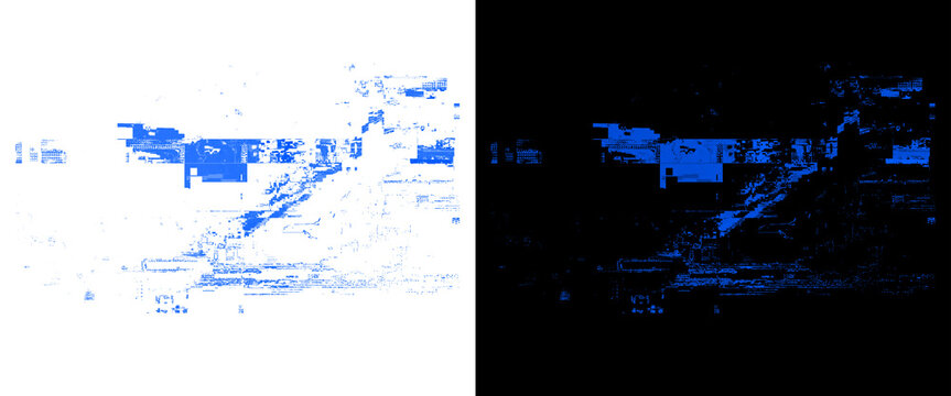 Glitch art digital textures with 1km distance marker, blue pixelated data distortion on white and black backgrounds, abstract technology landscape