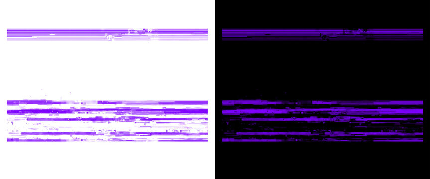 Glitch digital noise textures in purple, violet VHS scanline distortion effects, abstract signal interference graphics for video editing and design