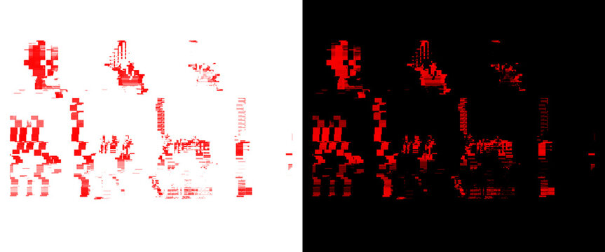 Red glitch art pixelated human avatars, digital distortion character icons, set of 3 abstract profile silhouettes for gaming and cybersecurity UI