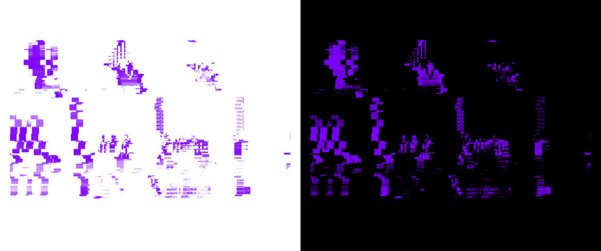 Glitch art pixelated people silhouettes, purple digital distortion human figures, abstract electronic noise character icons on black and white background